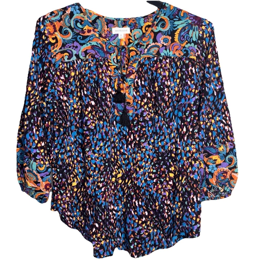 Westbound Women's Boho Multicolor Paisley Tassel-Tie Blouse Top sz M